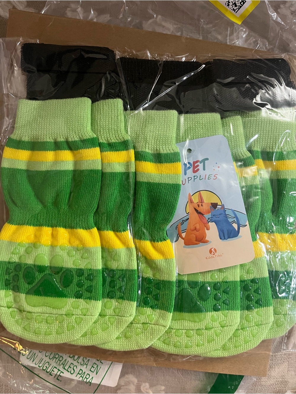 Non-Branded Green & Yellow Striped Dog Socks with Anti-Slip Soles